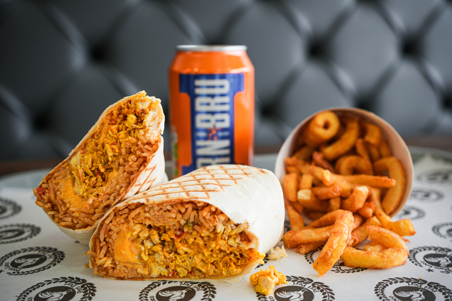 delicious stuffed burrito with seasoned curly fries and a refreshing can of IRN-BRU served at Poco Loco Peri Peri Takeaway in Wishaw